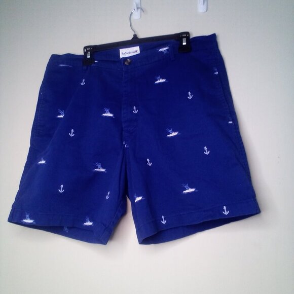 Saddlebred Shorts Men 38 Casual Chino Boat Anchor Nautical Blue White - Picture 2 of 14
